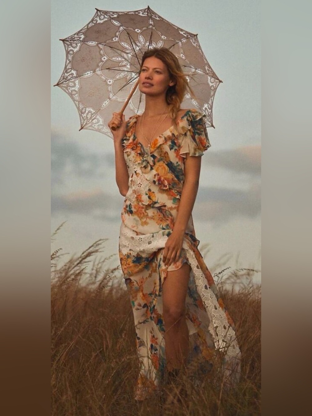Anthropologie Cream Floral Ruffle Dress with Lace Inset